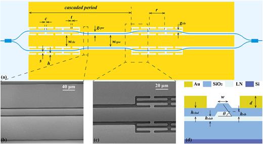 (a) Schematic illustration of an EO modulator with the cascaded TWE. (b) SEM image of the fast-wave TWE. (c) SEM image of the junction between slow-wave and fast-wave TWEs. (d) Cross section of the EO modulator.