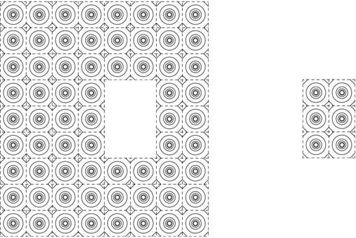 FIG. 22. Charges of a few cells are removed from the charge distribution of a crystal. The potential in the empty space created is the empty potential and is of a value that is reduced by VModSol¯ from the original average of the full potential. In this specific example where a few cells are removed from a model solid built from the same type of cells, the empty potential vanishes inside the void.