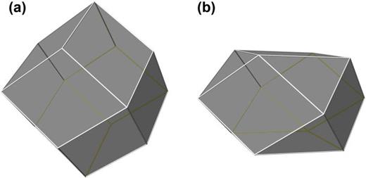 FIG. 28. Shapes of proximity cells for the perovskite lattice structure (ABO3): (a) A (2+) atoms and (b) oxygen atoms.