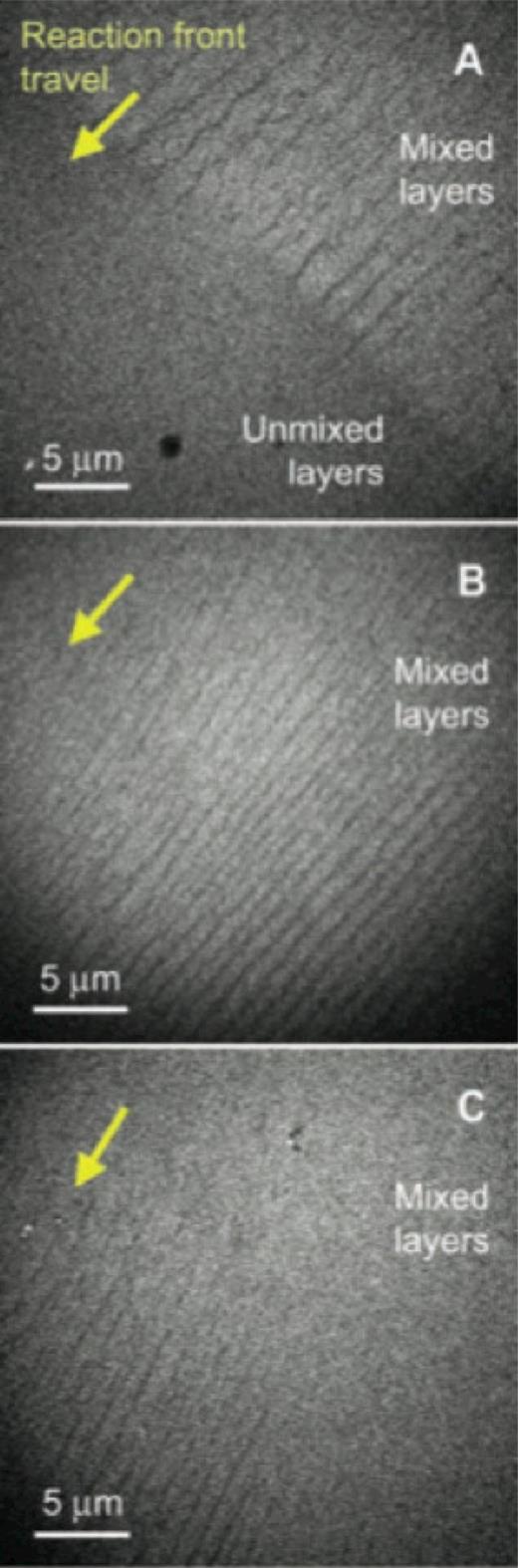 FIG. 17. The propagation of a mixing front in a Al/Ni RMMF imaged in three 15-ns single-shot DTEM images. Image (a) shows the edge of the reaction front for defined delay after the specimen has been laser heated. The experiment is repeated (b) with 2 μs longer delay than in (a). With an even longer relative delay (5 μs longer relative to (a)) the layers have completed mixing in the center of image (c). The time-resolved images reveal a transient cellular structure that is only apparent during the reaction. Reprinted with permission from Kim et al., Science 321(5895), 1472–1475 (2008). Copyright 2008 AAAS.