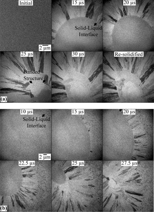 FIG. 7. BF 15-ns single-shot DTEM images recorded before and at multiple time delays after laser melting of an Al-7 at. %Cu alloy. Scale bars in upper left apply to all images in (a) and (b), respectively. Images in (a) and (b) were recorded at different magnifications to capture various features of the microstructure during solidification. Reprinted with permission from McKeown et al., Acta Mater. 65, 56–68 (2014). Copyright 2014 Elsevier.