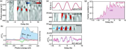 FIG. 3. Time-resolved dynamic in TiS2. (a) Differential absorption spectrum as a function of pump-probe delay. ΔT is normalized to the un-pumped case T0 for each time delay. Blanked out areas indicate time ranges without detection. Clearly visible are sub-cycle oscillations of negative and positive differentials with a maximum amplitude of 10%. Time delays were 100 as for negative delays to –5 fs with 6 min integration and 200-as steps with 5 min integration elsewhere. (b) Shows spectral lineouts from (a), taken at the positive and negative extrema (spectral oscillations). The dynamics, red for increased and green for diminished ΔT in relation to the two spin-orbit split states 2p3/2 and 2p1/2. (c) Indicates the optical control field. (d) Displays the relevant subsection of (a) for comparison with the cBE calculated differential absorption in (e). (f) Overlays the measurement with the numerical result over the energy region 457–462 eV; error bars originate from the regression algorithm and take the temporal duration (300 as upper limit), temporal walk-off in the material (1.3 fs), and CEP jitter (85 as) into account. (g) Shows the calculated carrier excitation with both models, cBE and RT-TDDFT, of 0.2% corresponding to a carrier density of 1.94 x 1021 cm−3.