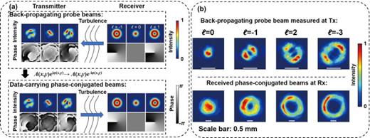 FIG. 30. (a) Concept of beam shaping by transmitting phase-conjugated beams from the transmitter (Tx) to the receiver (Rx). First, the amplitude and phase profiles of each turbulence-distorted OAM mode could be retrieved from a back-propagating probe beam with the same OAM order. Subsequently, the Tx generates and transmits the phase-conjugated beams to the Rx. The Rx receives the phase conjugate of the originally transmitted OAM modes with a relatively high mode quality and low modal coupling. (b) Measured intensity profiles of the back-propagating probe beams (at Tx) and the received phase-conjugated beams (at Rx). Reproduced with permission from Zhou et al., Phys. Rev. Appl. 15, 034011 (2021).131 Copyright 2021 American Physical Society.