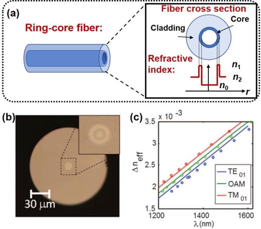 FIG. 40. (a) The refractive index distribution of the ring-core fibers. The white part represents the inner core with the refractive index of n0. The dark blue part of the fiber cross section represents the ring-shaped core with a higher refractive index of n1. The light blue part represents the fiber cladding with a refractive index of n2. (b) Microscope image of the vortex fiber cross section. (c) Measured and numerically calculated effective index differences of the first-order modes with respect to the fundamental LP01 mode. Reproduced with permission from Bozinovic et al., Science 340, 1545 (2013).11 Copyright 2013 American Association for the Advancement of Science.