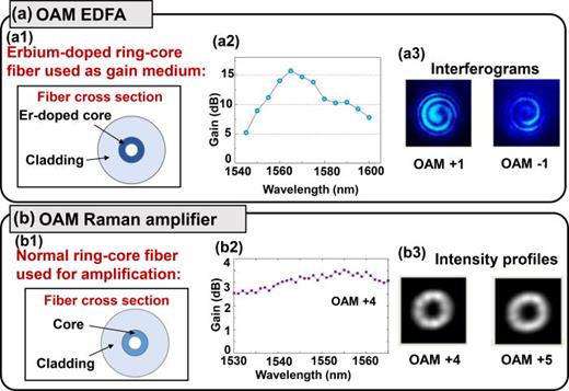 FIG. 42. Two examples of the OAM fiber amplifiers. (a-1) The OAM erbium-doped fiber amplifier (EDFA) uses an erbium-doped fiber with a central air hole and a ring-shaped core as the gain medium. (a-2) Measured gain spectrum of the OAM EDFA with an input signal power of −4 dBm and a launched pump power of 0.57 W. (a-3) Measured interferograms of the amplified OAM +1 and −1 beams at the output of the EDFA. Reproduced with permission from Jung et al., J. Lightwave Technol. 35, 430 (2017).184 Copyright 2017 IEEE. (b-1) The OAM Raman amplifier uses the normal ring-core fiber for amplification. (b-2) Measured gain spectra of the OAM +4 and +5 modes of the OAM Raman amplifier. (b-3) Measured intensity profiles of the amplified OAM +4 and +5 beams at the output of the OAM Raman amplifier.185