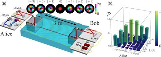 FIG. 48. Experimental setup for an OAM-based underwater quantum link and state crosstalk measurements. (a) Photon pairs are generated at the Alice side. A single signal photon with a particular OAM state is prepared by using SLM-A, then sent to Bob through the 3-m underwater link. At Bob side, the received OAM states of the single photons are measured by using SLM-B and single photon detectors. (b) Experimental crosstalk matrix for OAM states ℓ= −3 to +3. Reproduced with permission from Bouchard et al., Opt. Express 26, 22563 (2018).205 Copyright 2018 Optical Society of America.