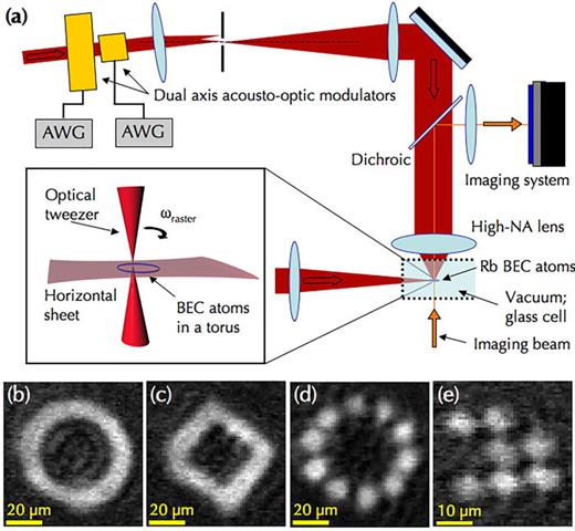 (a) A painted potential system in which a tightly focused rapidly moving red-detuned laser beam paints the desired potential on a horizontal light sheet providing vertical confinement. (b) In-trap absorption images of BECs formed in painted potentials. The technique can create a BEC in any shape that can be drawn on a sheet of paper. Reprinted with permission from Henderson et al., New J. Phys. 11, 043030 (2009). Copyright 2009, Author(s) licensed under a Creative Commons Attribution 3.0 License