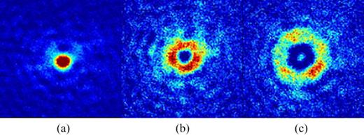 Time-of-flight images of (a): a nonrotating ring, (b) and (c): rotating rings with different circulations. The rotation is imparted by a rotating 7 μm-waist blue-detuned vertical Gaussian beam.