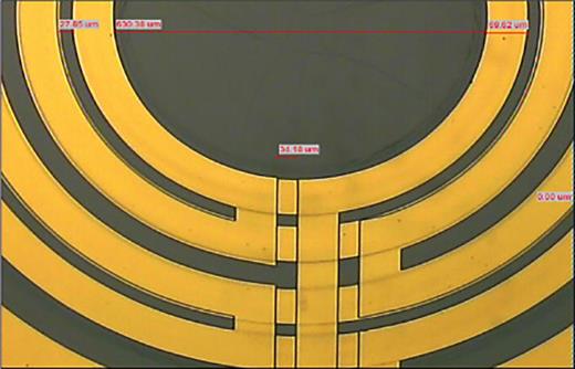 A multilayer current-carrying chip produced at BGU for a Sagnac experiment, in co-operation with Thomas Fernholz and Peter Krüger at the University of Nottingham. Concentric gold conducting rings (   2   μ m thick, upper layer) are    70   μ m wide, with intervening gaps of    20 – 50   μ m. The lower layer is also    2   μ m thick gold, with a    3   μ m thick SU8 insulating layer planarized to better than    0.4   μ m. The entire device's outer diameter is 1.37 mm.