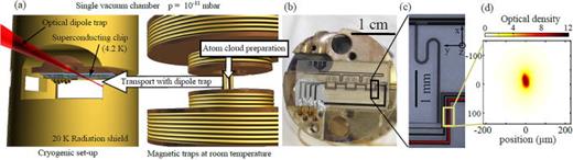 Superconducting atom chip at the University of Tübingen. (a) In vacuo trap setup with electromagnets for cold atom preparation (right) and cryostat with a superconducting chip at 4.2 K (left). (b) Photograph of the chip holder and the superconducting atom chip. (c) The chip features superconducting wire components for magnetic trapping and positioning of atomic clouds and a coplanar microwave cavity. (d) Bose–Einstein condensate of 3 × 105 87Rb atoms in a 15 ms time-of-flight image, released from the superconducting atom chip. Reprinted with permission from Bernon et al., Nat. Commun. 4, 2380 (2013). Copyright 2013, Nature Publishing Group.