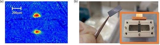 (a) Image of a thermal atomic cloud of 103 87Rb trapped in a self-sufficient quadrupole magnetic trap generated by vortices on a 1 × 1 mm2 square of superconducting YBCO (National University of Singapore). The lower part of the image shows a mirror image of the cloud, caused by the reflection of the imaging beam from the chip surface. Reprinted with permission from Siercke et al., Phys. Rev. A 85, 041403 (2012). Copyright 2012, American Physical Society. (b) Setup for a hybrid quantum system of atoms and superconductors. The image shows a transmon qubit fabricated on a silicon substrate. Inset: the transmon installed in a 3D microwave cavity. The cavity allows to read-out and manipulate the transmon with RF radiation. In the future, we plan to bring atoms into the cavity to form a hybrid quantum system.