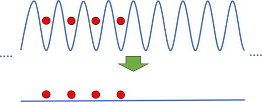 The domain wall initial state: A cold atom gas is held in the left part of a deep optical lattice, extending from j = –∞ to j = 0. This is then removed and the gas is allowed to expand. The system is open—its size is large compared to time of evolution.