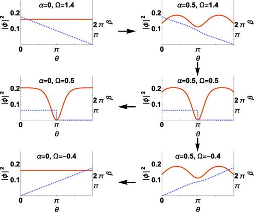 Densities (solid lines) and phases (dashed lines) in the Dirac delta comoving frame corresponding to the key points of the dark solitons and vortex cycles in Fig. 37 (where g = 10). The first steps in both of them consist in setting a delta on the ground state (top left plot) while rotating at    Ω = 1.4, and then lowering its velocity to    Ω =   1  2 (top and middle right plots). At this point, one can unset the delta and obtain a dark soliton, or further decrease the velocity down to    Ω = − 0.4, and then unset the delta, in which case the state of one vortex is reached. Reprinted with permission from Pérez Obiol and Cheon, Phys. Rev. E 101, 022212 (2020). Copyright 2020, American Physical Society.481