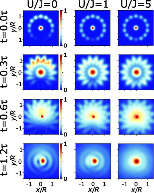 Density of expanding atoms at times    t = 0 ,   0.3 τ ,   0.6 τ ,   1.2 τ, with    τ = m R  σ r / ℏ. From left to right: U = 0,    U / J = 1 ,   U / J = 5. Flux    Ω =   1  2 at the degeneracy point. At intermediate time, we observe some spiral-like structure at the edges. This is not the interference with the central condensate, but a residue of the ring lattice interfering with itself. Calculated using Bose-Hubbard model, no interaction during expansion. Data in color and normalized to one. Ring has 7 particles, M = 14 ring sites, ring radius R. Width of central and ring cloud is     σ r = 2 R / L and potential barrier    Λ = J, 25% of atoms in central condensate. Barrier at x = 0,    y = − R. Reprinted with permission from Haug et al., Phys. Rev. A 97, 013633 (2018). Copyright 2018, American Physical Society.