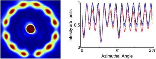 Left: Final image of the ring lattice after completion of the feedback algorithm. Right: Azimuthal Profile. The solid line plots the target profile. This is compared to the result after the 1st and 5th iteration of the feedback algorithm (red and blue lines, respectively,). Reprinted with permission from Aghamalyan et al., New J. Phys. 18, 075013 (2016). Copyright 2016, Author(s) licensed under a Creative Commons Attribution 3.0 License.