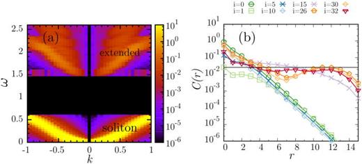 Panel (a): dynamical structure factor    S ( k , ω ) for a chain of    L = 30 sites. Numerical results for    N = 5 particles and interactions    U = 1.2. Panel (b): Density–density correlation function C(R) for    N = 5 particles in a chain of    L = 30 sites and interactions    U = 0.6 <  U c. Correlations are computed over several excited states labeled by i (i-th excited state, i    = 0 correspond to the ground state).