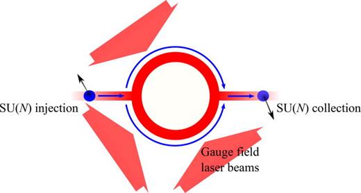 Sketch of a (non-Abelian) SU(N) Aharonov–Bohm matter-wave device. The tripod laser beams illuminate the full ring structure. With a single tripod scheme, we have N = 2. With a double tripod scheme, we have N = 3.