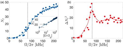 Evidence for an absorbing state phase transition in a Rydberg gas. (a) Number of excitations in the stationary state as a function of Ω (the solid line is a sliding average to guide the eye). The inset shows a power-law fit around the critical value Ωc, indicated by the dashed line in the main figure. In (b), the peak in the variance plotted as a function of Ω indicates the critical point. Adapted with permission from Gutiérrez et al., Phys. Rev. A 96, 041602 (2017). Copyright 2017, American Physical Society.