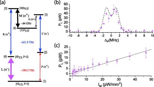 Efficient microwave-to-optical conversion using Rydberg atoms. (a) Energy level diagram and coupled transitions. The polarization of the fields are indicated inside parentheses. (b) Spectrum of the generated light power PL. The dashed line is a simulated result obtained using Maxwell-Bloch equations. (c) The power of the generated light is plotted versus IM in the range of 0 to    50     pW / mm 2. The solid line is the result of a linear fit. Adapted with permission from Vogt et al., Phys. Rev. A 99, 023832 (2019). Copyright 2019, American Physical Society.
