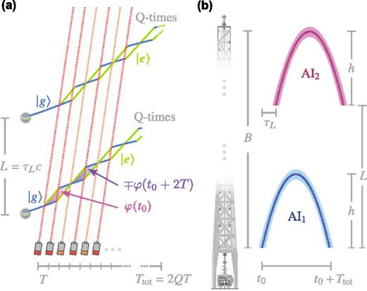 (a) Spacetime diagram of two multi-diamond gradiometer configurations consisting of two interferometers separated by a distance    L = c   τ L and generated by single-photon pulses (dotted, red and orange) sent at appropriate multiples of the interrogation time T. The first scheme (−) is generated by the pulses indicted in red, while the additional π pulses shown in orange are only present in the second (+) scheme. The overall duration of the interferometer      T  tot = 2 Q T scales with the number of diamonds Q. We indicate the alternating sequence of ground state    | g ⟩ (blue) and excited state    | e ⟩ (green) of the atomic clouds during the interferometer along their respective trajectories. The phase difference acquired during one diamond    φ (   t 0 ) depends on the initial time t0 and is identical but shifted in time in the second (+) scheme. In the first (−) scheme, it alternatingly flips its sign in subsequent diamonds, since the role of both arms is interchanged. (b) Spatial extension h and midpoint trajectory (dashed) of the two atomic fountains that are used as multi-diamond interferometers       AI 1 (blue) and       AI 2 (red). They are separated by a distance L distributed on the baseline B of the detector, and their start (and end) is delayed by a time      τ L = L / c originating in the propagation of the light between the two atomic ensembles. The additional extension originating from the atomic recoil and subsequent wave-packet propagation is illustrated by the shaded area surrounding the respective midpoint trajectories. Adapted VLBAI model in (b), courtesy of the VLBAI team of the Institute of Quantum Optics, Leibniz University Hannover.