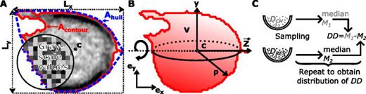 FIG. 2. (a) Sketch indicating a cell and relevant cellular quantities. A bounding box defines the x and y-length. The area of the contour Acontour determines the cell size and the area of the convex hull Ahull is used to compute circularity. The average brightness and the Haralick features are computed using the grayscale values inside the contour. (b) The volume is computed by rotating the contour around z. The central axis z is given by the centroid c and the flow direction. (c) Differential deformation is calculated from samples within the reservoir DRes and the channel DCh following a bootstrapping algorithm. Data resampling is done with replacement to construct a distribution representing the statistical difference between the reservoir and deformation inside the channel.