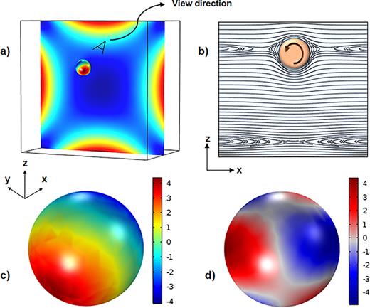 FIG. 4. (a) Contour of first normal stress difference (N1) and pressure in the cross section of the channel and over the particle, respectively, for a flow rate of 25 μl/min. (b) Streamlines around the particle in the x-z symmetry plane. (c) Distribution of inertial stress on the surface of the particle. (d) Distribution of total elastic stress tensor.