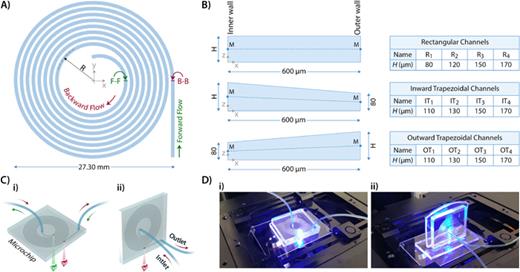 FIG. 1. Schematic of microchannels. (a) Top view of the spiral microchannels used in this study (i.e., the x–y plane). R indicates the radius of the channel curvature. Also, F-F and B-B denote sections of interest (near the outlet) in forward and backward flows, respectively. (b) Cross section of all channels in the x–z plane. The dashed “M-M” line designates the centerline of the cross section. (c) Schematic of the microchip for (i) top view observation in the forward (green) and backward (red) flows, and (ii) side-view observation in the backward flow. (d) Images of the experimental setup for an inverted microscope (i) top view and (ii) side view.