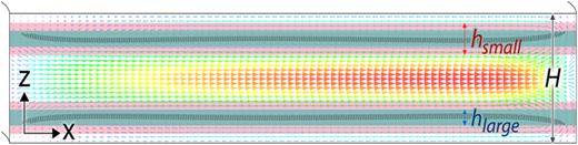 FIG. 11. Effects of the particle size on inertial focusing. The height of focusing band, h, of small and large particles.