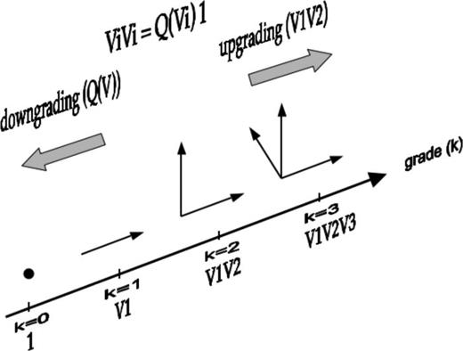 FIG. 7. Schematic of the two mechanisms of a Clifford algebra to upgrade or on the contrary downgrade its elements, respectively, with the help of their composition/multiplication and the quadratic form Q: the composition/product of components that are proportional yields only a scalar.