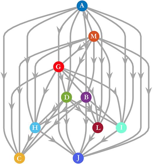 FIG. 1. Hierarchical leadership in pigeon flocks. Directed edges point from influential individuals to the individuals that they influence, as defined by Nagy et al.19 For example, L tends to lead J, and J leads no one.