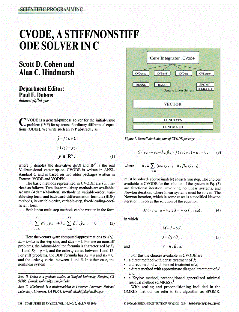 First page of CVODE, A Stiff/Nonstiff ODE Solver in C