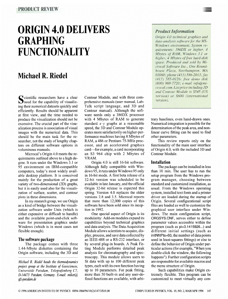 First page of Origin 4.0 Delivers Graphing Functionality