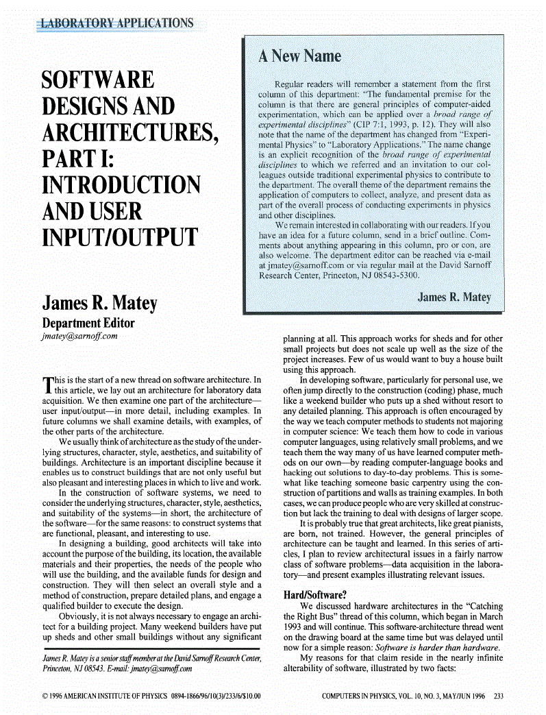 First page of Software Designs and Architectures, Part <roman>I</roman>: Introduction and User Input/Output
