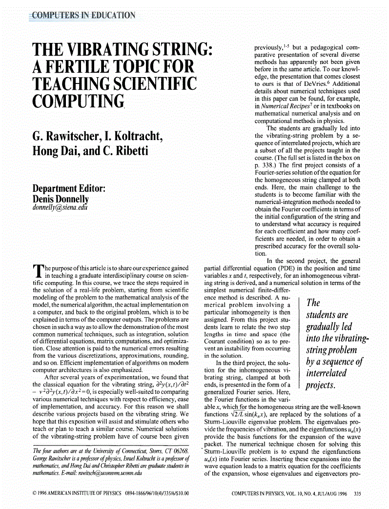 First page of The Vibrating String: A Fertile Topic for Teaching Scientific Computing