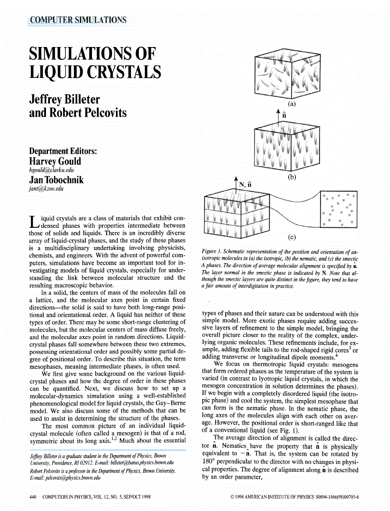 Simulations of Liquid Crystals Computer in Physics AIP Publishing