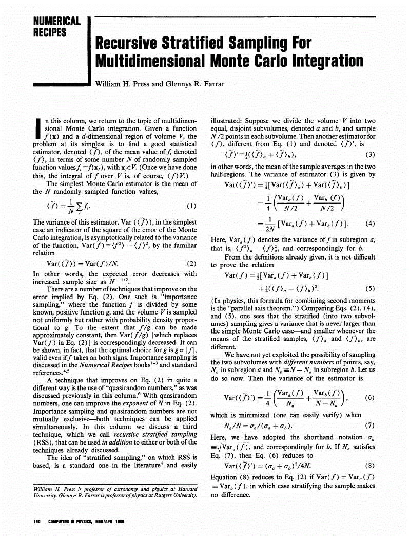 First page of Recursive Stratified Sampling for Multidimensional Monte Carlo Integration