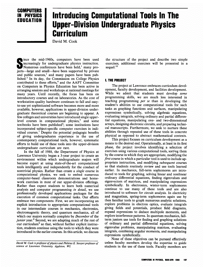 First page of Introducing Computational Tools in the Upper‐Division Undergraduate Physics Curriculum