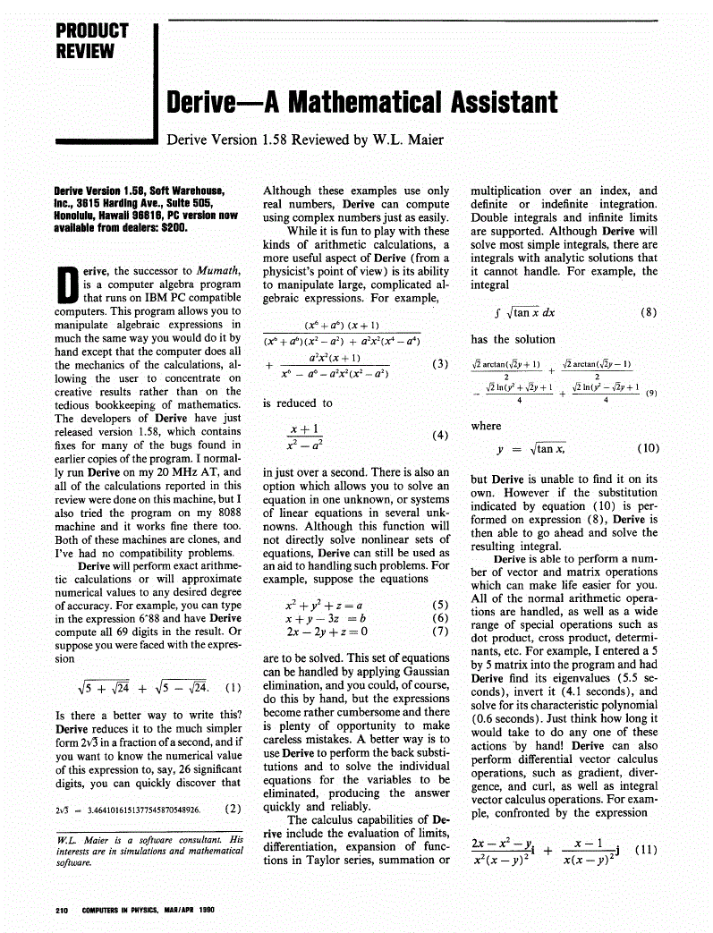 First page of Derive—A Mathematical Assistant