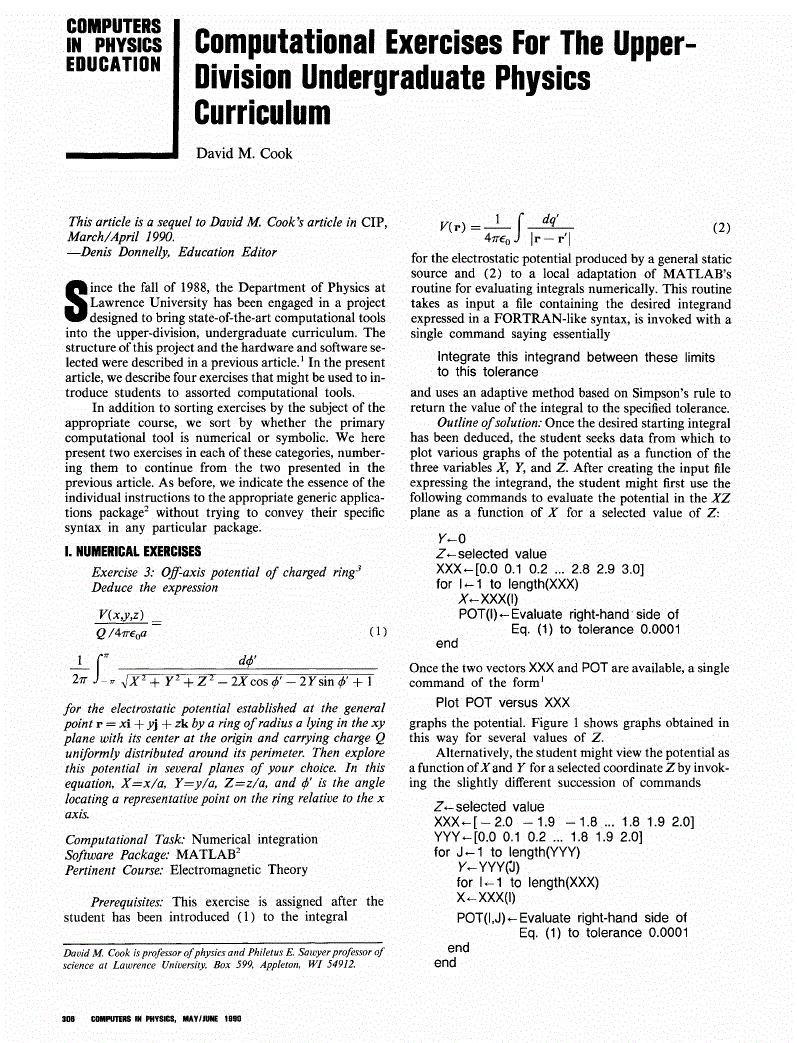 First page of Computational Exercises for the Upper‐Division Undergraduate Physics Curriculum