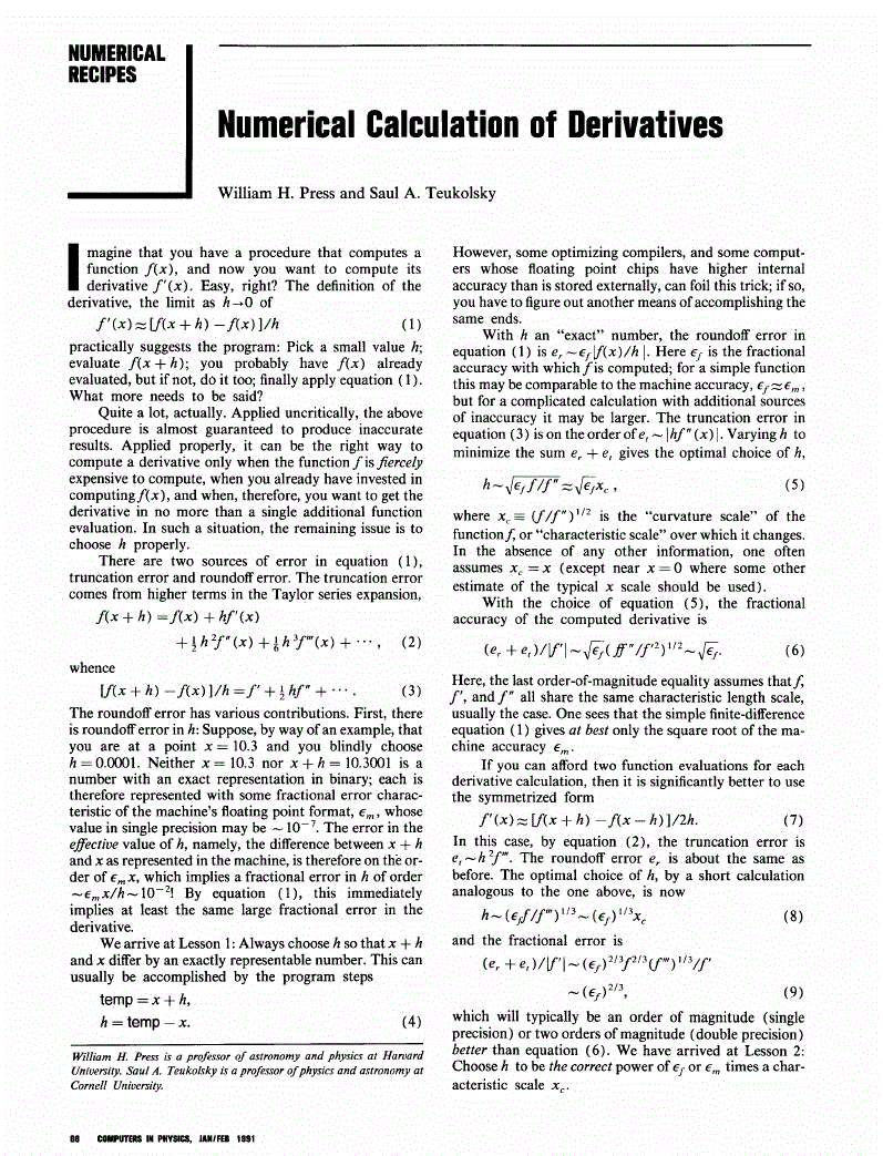 First page of Numerical Calculation of Derivatives