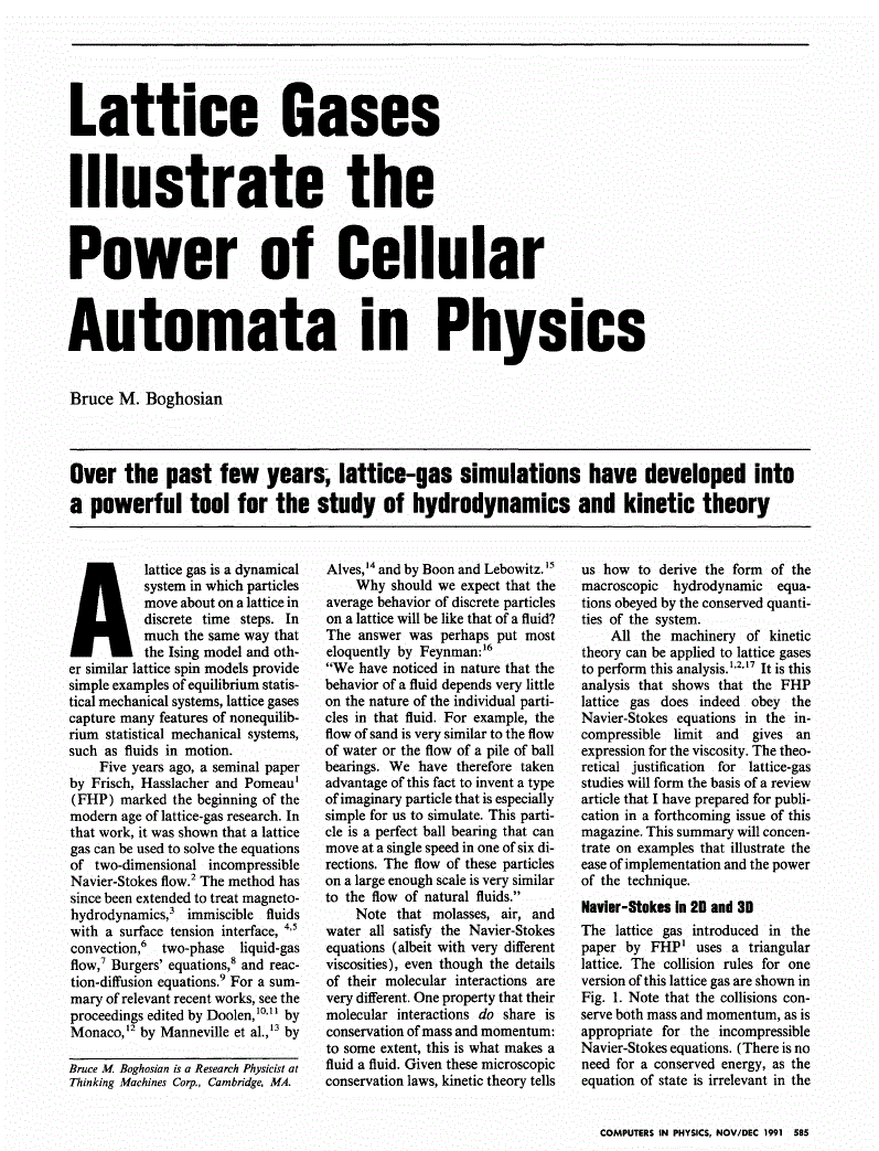 First page of Lattice Gases Illustrate the Power of Cellular Automata in Physics<subtitle>Over the past few years, lattice‐gas simulations have developed into a powerful tool for the study of hydrodynamics and kinetic theory</subtitle>