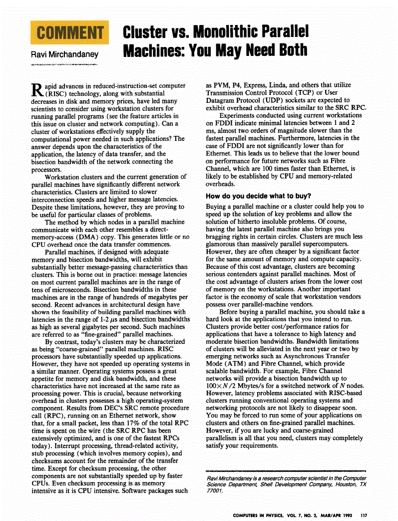 First page of Cluster vs. Monolithic Parallel Machines: You May Need Both