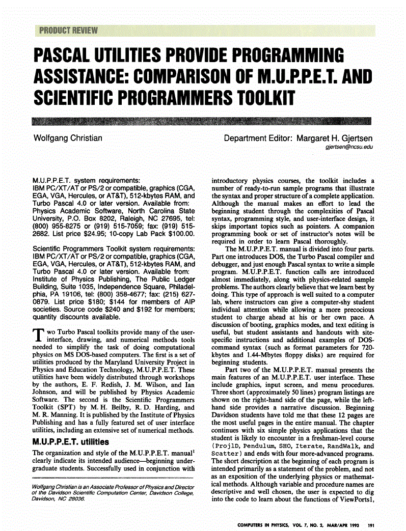 First page of Pascal Utilities Provide Programming Assistance: Comparison Of M.U.P.P.E.T. and Scientific Programmers Toolkit