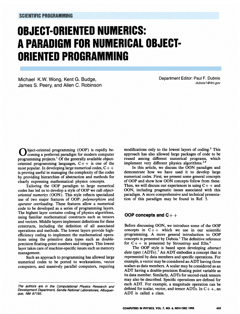 First page of Object‐Oriented Numerics: A Paradigm for Numerical Object‐Oriented Programming