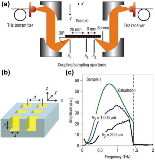 FIG. 14. Aperture-coupled THz spoof surface plasmon polaritons: (a) illustration of the experimental arrangement and the coupling between the free-space THz light and the surface plasmon polaritons; (b) schematic of the plasmonic metamaterial with periodic pits; and (c) measured spectra for one of the samples (sample II) when h3 = 1000 and 200 μm, respectively, compared to the calculation. The dashed vertical line indicates the Brillouin zone boundary. Reproduced with permission from Williams et al., Nat. Photonics 2, 175–179 (2008).276 Copyright 2008 Nature Publishing Group.