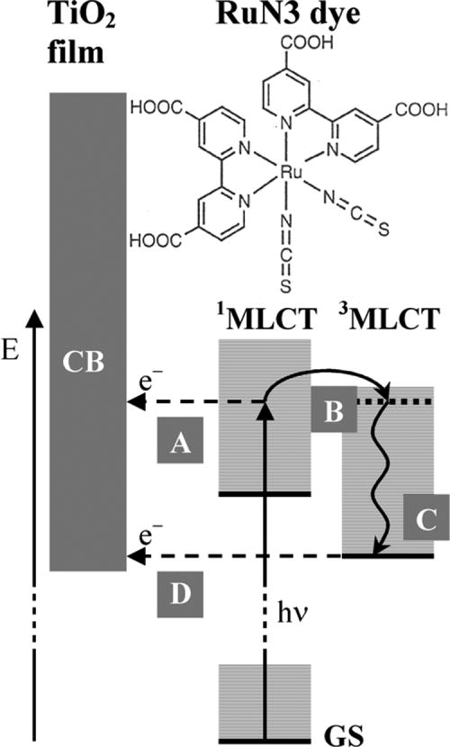 FIG. 23. Schematic model of two-state electron injection and structure of RuN3. Following MLCT excitation (at 530 nm) of the RuN3-sensitized TiO2 film, an electron is promoted from a mixed ruthenium NCS state to an excited π* state of the dcbpy-ligand, and then injected into the conduction band (CB) of the semiconductor. GS: ground state of RuN3. Channel A: electron injection from the non-thermalized, singlet 1MLCT excited state. Channel B and C: intersystem crossing followed by internal vibrational relaxation in the triplet 3MLCT excited state. Channel D: electron injection from the thermalized, triplet 3MLCT excited state. For the RuN3/TiO2 combination electron injection from the 1MLCT state (channel A) efficiently competes with the ultrafast (∼100 fs) 1MLCT—3MLCT intersystem crossing (channel B), and accounts for approximately 70% of the total injection yield; the remaining 30% proceeds from the relaxed 3MLCT (channel D) state on a much slower 1–10 ps timescale. Reproduced with permission from Benkö et al., J. Am. Chem. Soc. 124, 489–493 (2002). Copyright 2002 American Chemical Society.679