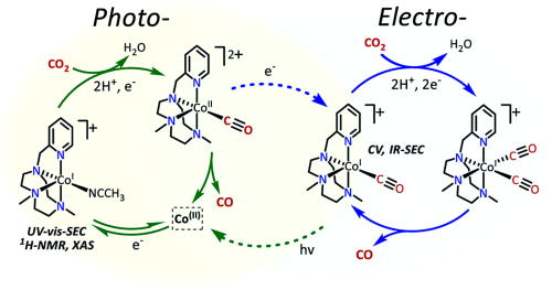FIG. 59. Schematic of a unified electro- and photocatalytic CO2 to CO reduction mechanism with aminopyridine cobalt complexes. The left part of the scheme shows the light-driven CO2 to CO reduction cycle, and the right part shows the electrochemically driven part of the reaction cycle. Experimental characterization with UV-visible spectroelectrochemistry (UV-vis-SEC), proton nuclear magnetic resonance (1H-NMR), x-ray absorption spectroscopy (XAS), cyclic voltammetry (CV), and infrared spectroelectrocemistry (IR-SEC) is designated where applied. Reprinted with permission from Fernández et al., J. Am. Chem. Soc. 142, 120–133 (2019). Copyright 2019 American Chemical Society.940