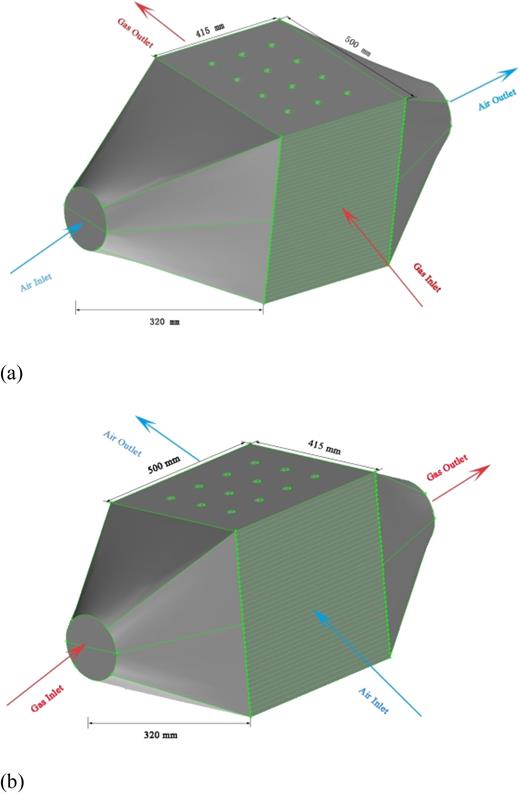 Physical models of the plate heat exchanger: (a) nonuniform inlet air flow; (b) nonuniform inlet gas flow.