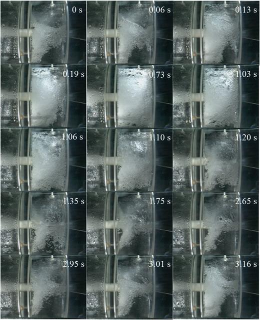 Flow patterns observed inside the cavity during an LFLA oscillation cycle, with the jet flowing from right to left (see video 1, supplementary material). d1 = 11 mm, d2/d1 = 1.55, dc/d1 = 10.91, Lc/d1 = 5.9, Re = 2.87 × 105.