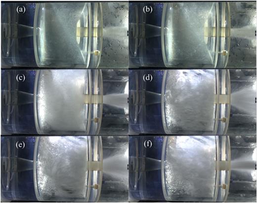 Flow patterns associated with different periods inside the cavity: (a)–(c) period I; (c) and (d) period II (see video 2, supplementary material); (d) and (e) period III; (f) period IV (the jet flows from left to right). d1 = 11 mm, d2/d1 = 1.55, dc/d1 = 10.91, Lc/d1 = 7.64.
